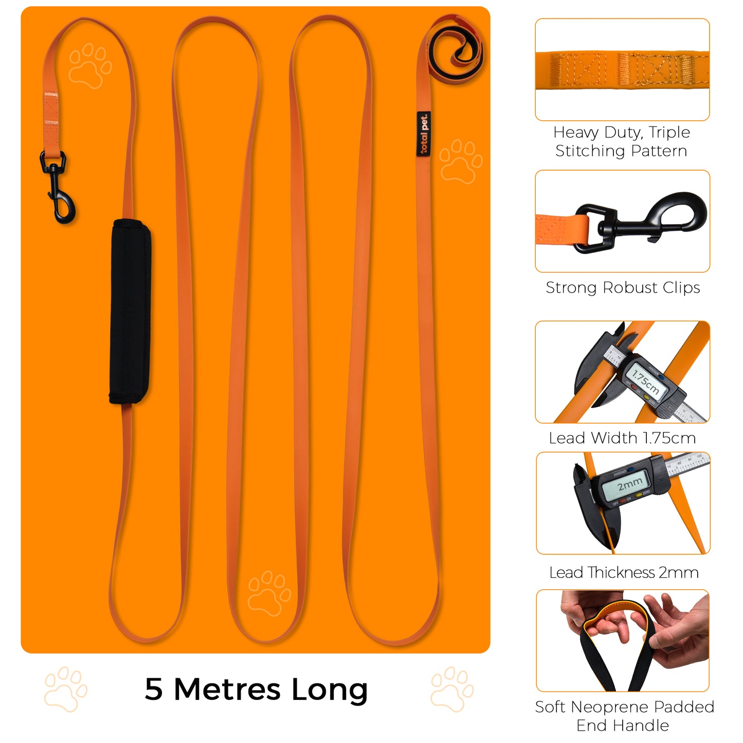 Waterproof Long Line Dog Training Lead for Recall with Control Handle (5m) - Total Pet