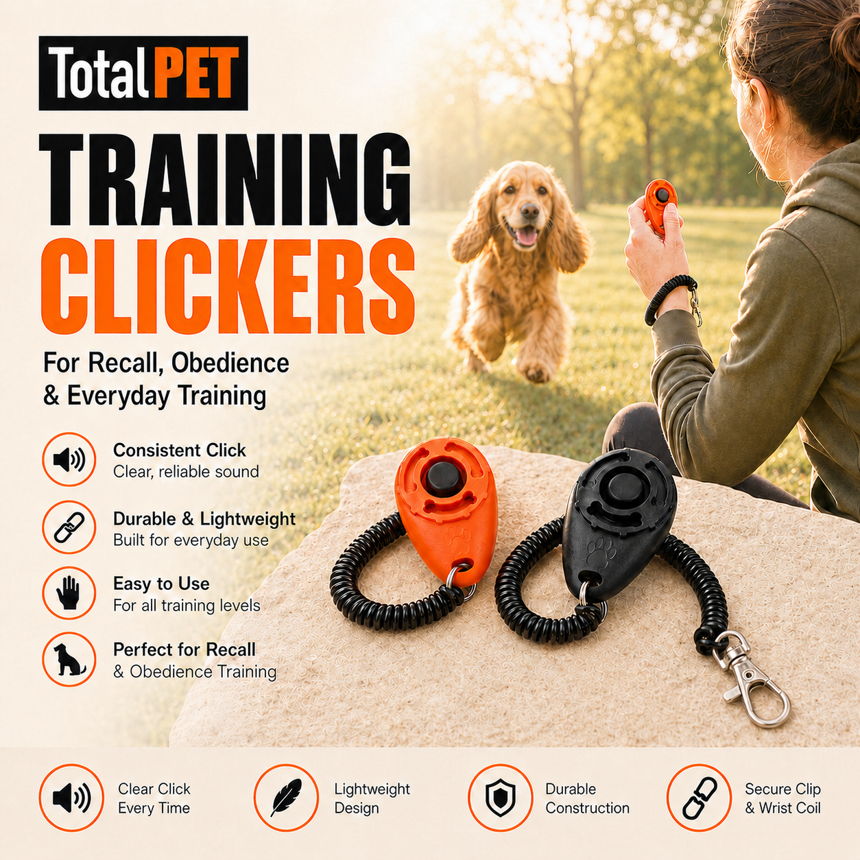 Dog Recall Training Bundle – 1 Training Whistle + 2 Clickers for Puppies & Adult Dogs