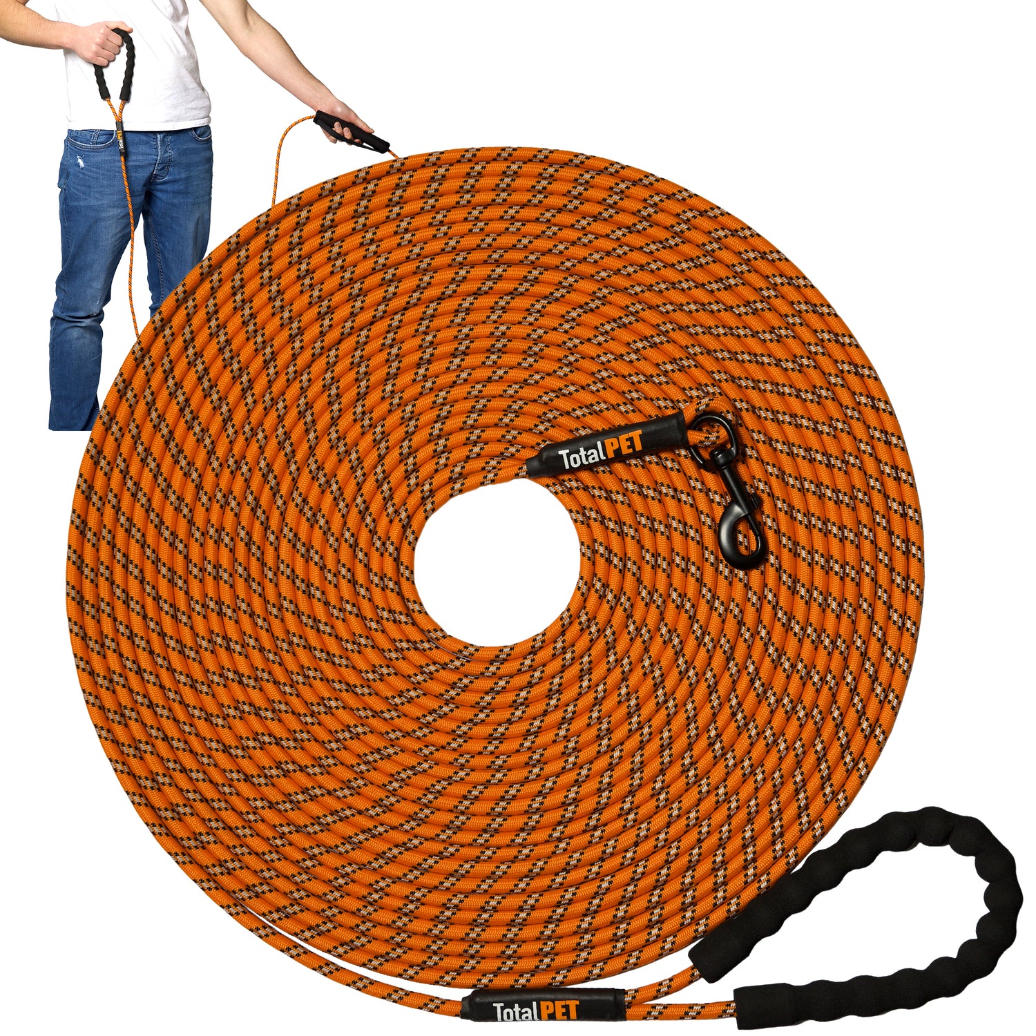 Lightweight rope long line dog lead from Total Pet in 5m, 10m, 15m, and 20m. Offers controlled freedom and tangle-free handling. Ideal for recall and distance training with added grip and comfort for trainers.