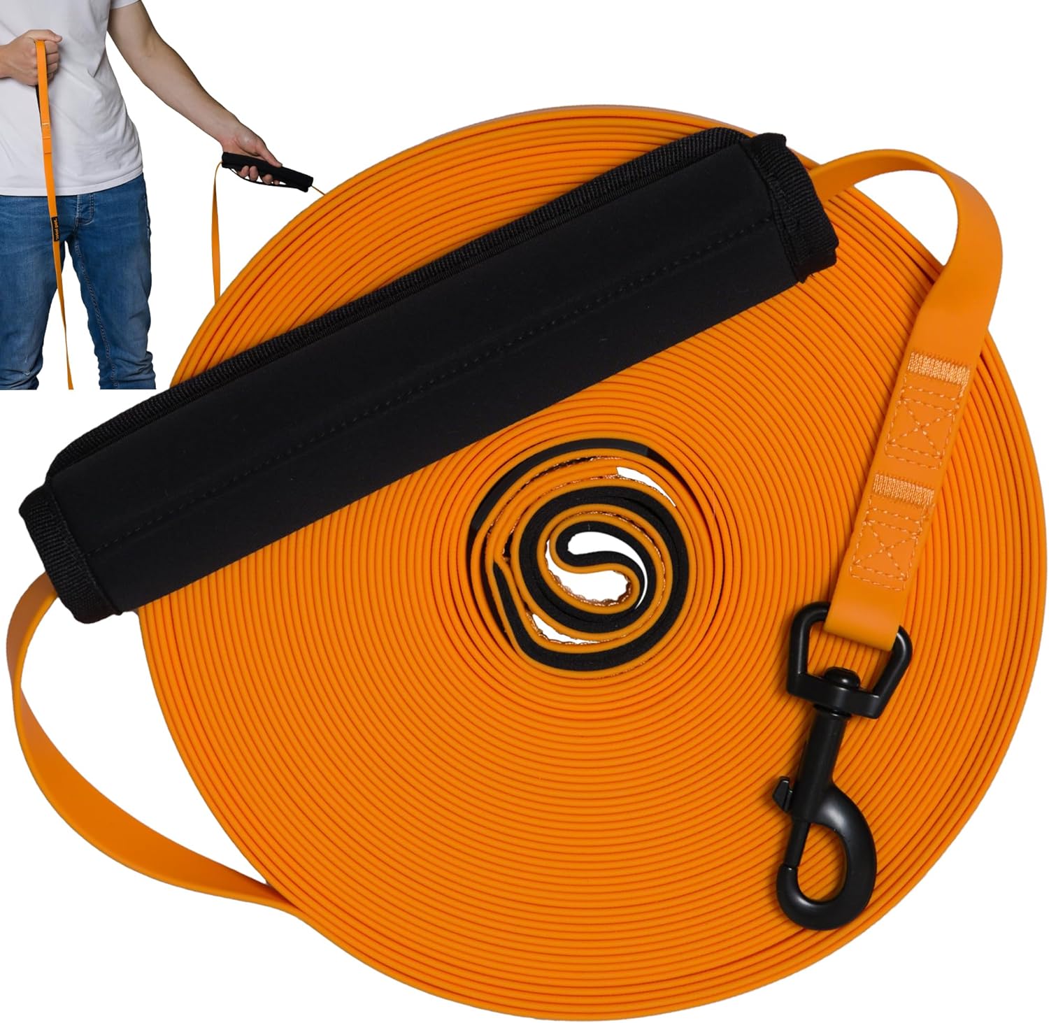 Waterproof long line dog lead from Total Pet, designed for water-loving dogs. Available in 5m, 10m, 15m, and 20m lengths, this PVC-coated lead resists dirt and is easy to clean. Built-in control handle provides secure grip for safe training sessions.