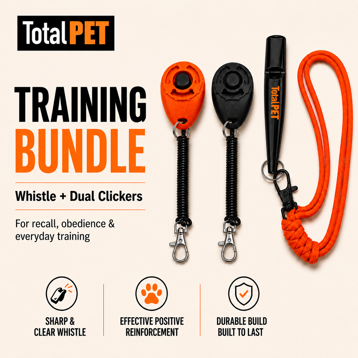 Dog Recall Training Bundle – 1 Training Whistle + 2 Clickers for Puppies & Adult Dogs