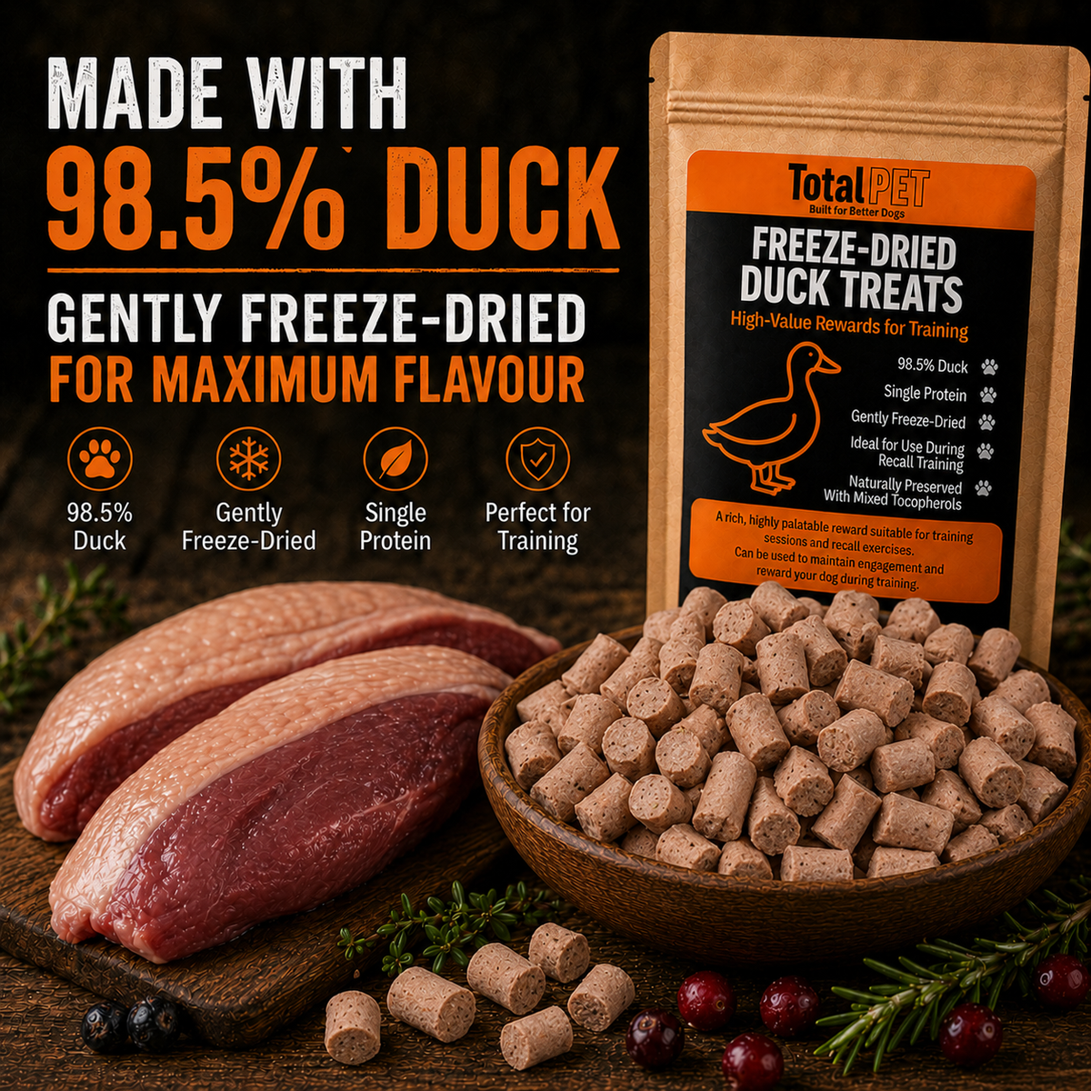 Total Pet Freeze-Dried Duck Dog Treats – Training Rewards – 90/180/400g