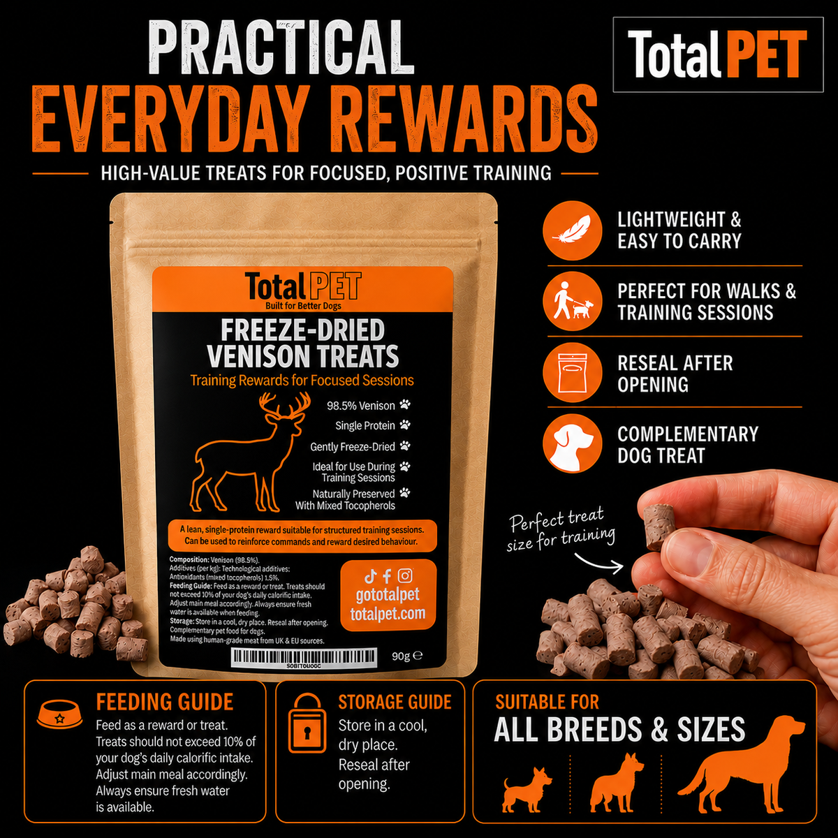 Total Pet Freeze-Dried Venison Dog Treats – Training Rewards – 90/180/400g